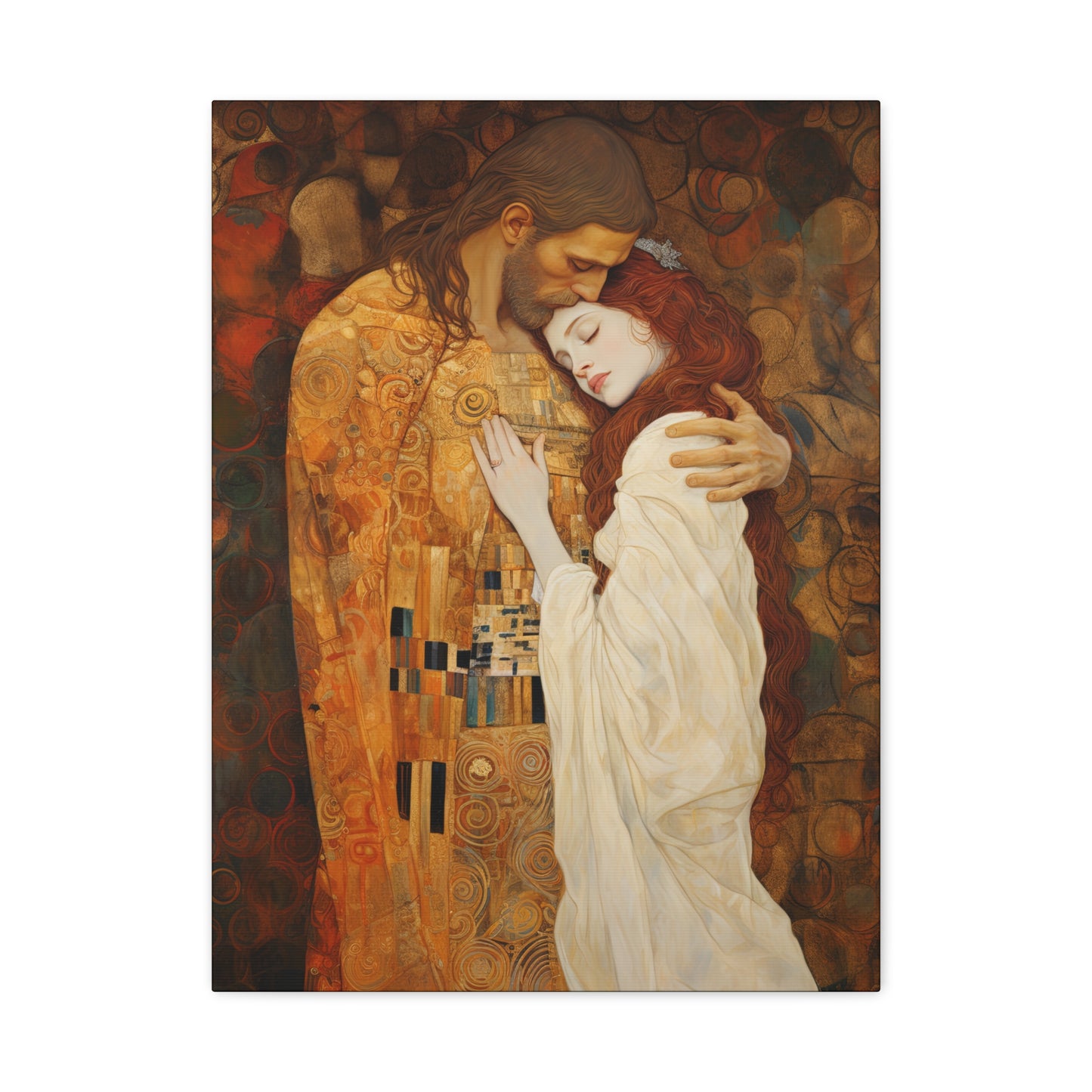 Transcendent Devotion: Christ Embracing Mary Magdalene Museum Wrapped Canvas - Sanctified Souls Print - Based on Klimt's The Kiss