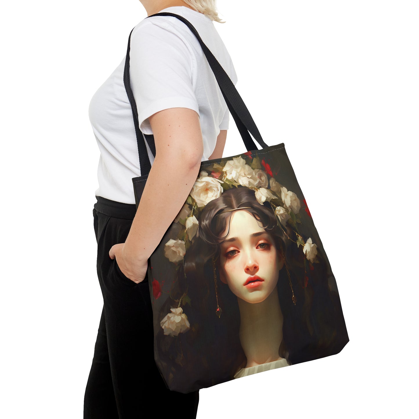 Saint FloraTote Bag - Large Medium Small Faith Art Bag - Re usable Tote Purse - Double Sided - Flowers portrait - Catholic Art Bag