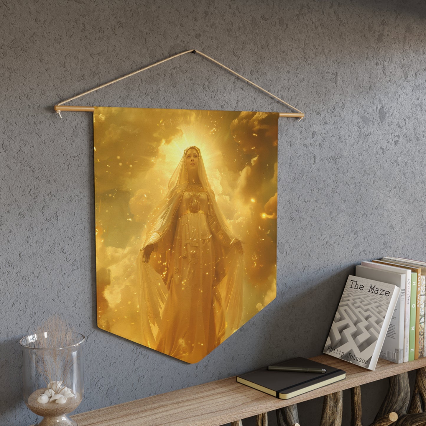 Virgin Mary - Mystical Sun - Golden Mary  Pennant / Banner / Wall Hanging - Prayer room art - 18" x 21" - Catholic Gift