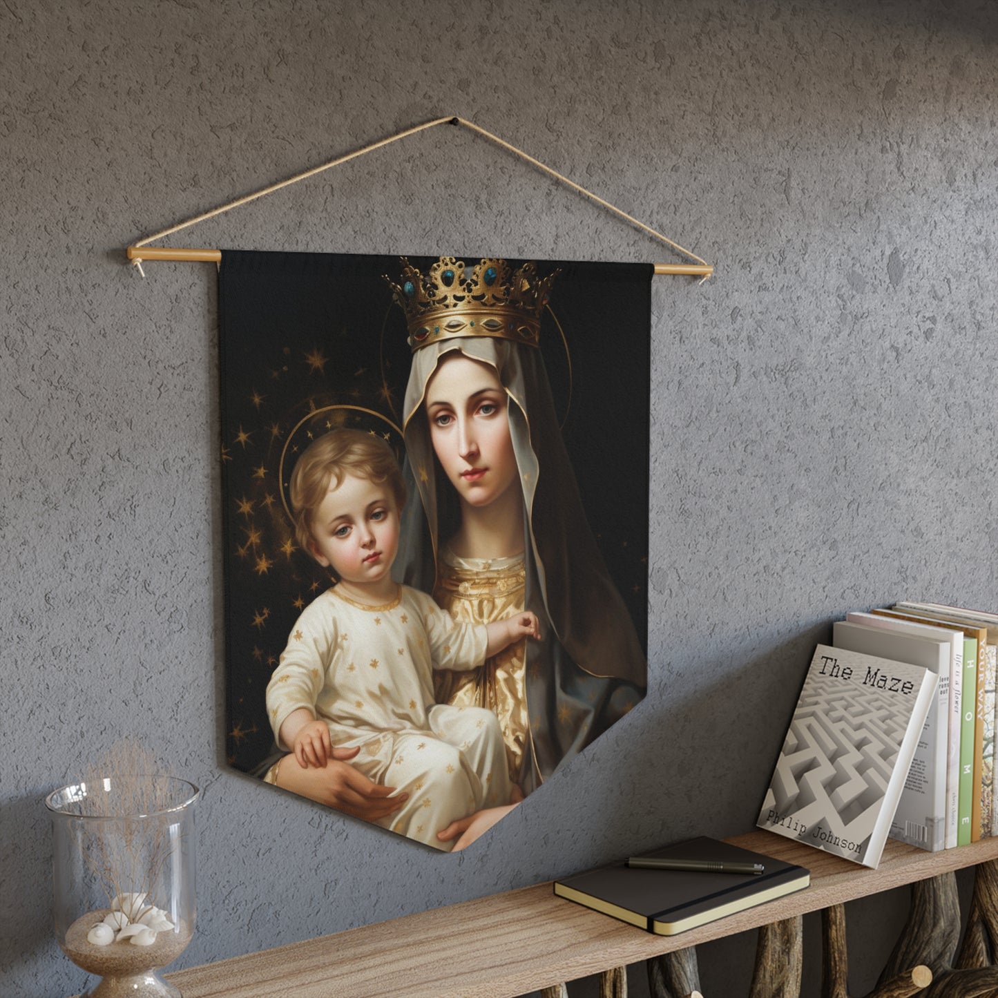 Our Lady of Mount Carmel Wall Banner / Wall Hanging - Prayer room art - Catholic Home Art - Large Saint Art - 18" x 21"