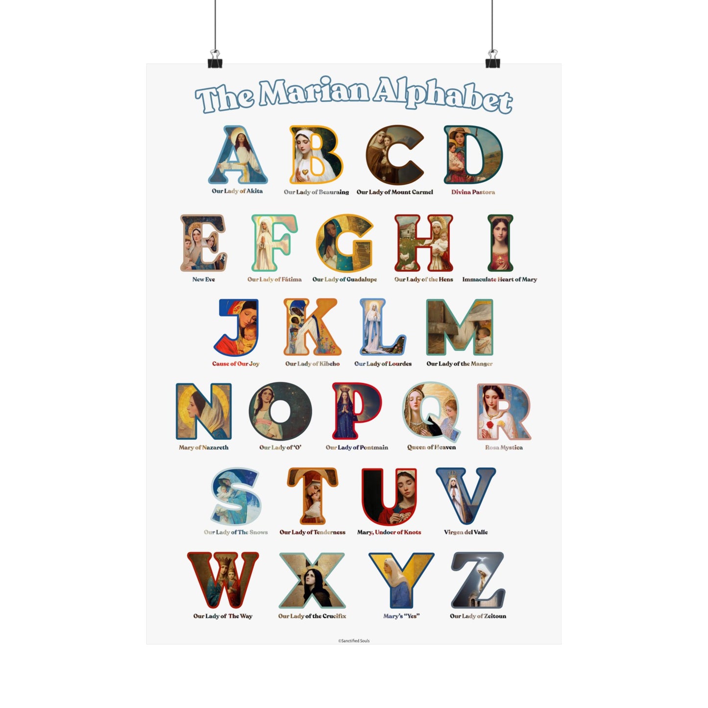 Catholic Marian Alphabet Poster - ABC Wall Art - Marian Titles Catholic Print - Catholic Nursery or Homeschool Faith Decor - Mother Mary Art