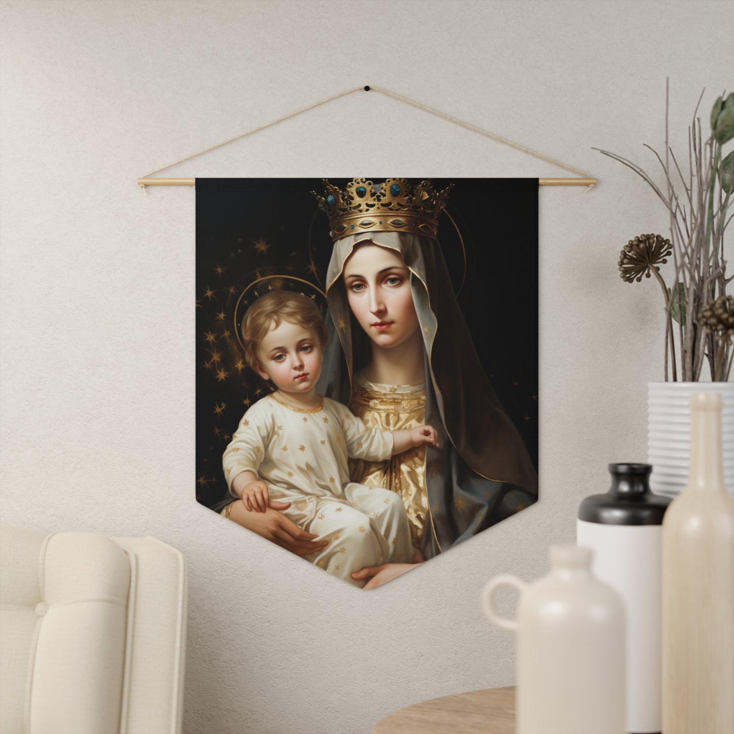 Our Lady of Mount Carmel Wall Banner / Wall Hanging - Prayer room art - Catholic Home Art - Large Saint Art - 18" x 21"