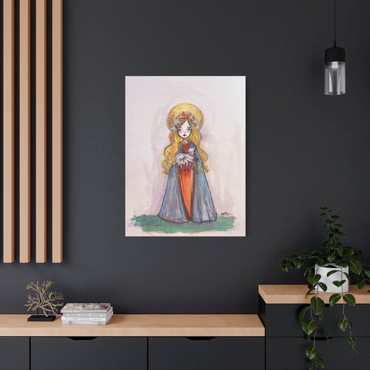 Saint Agnes of Rome Catholic Canvas Print | Christian Sacred Art | Hand-Drawn Watercolor Devotional Wall Art Religious Artwork