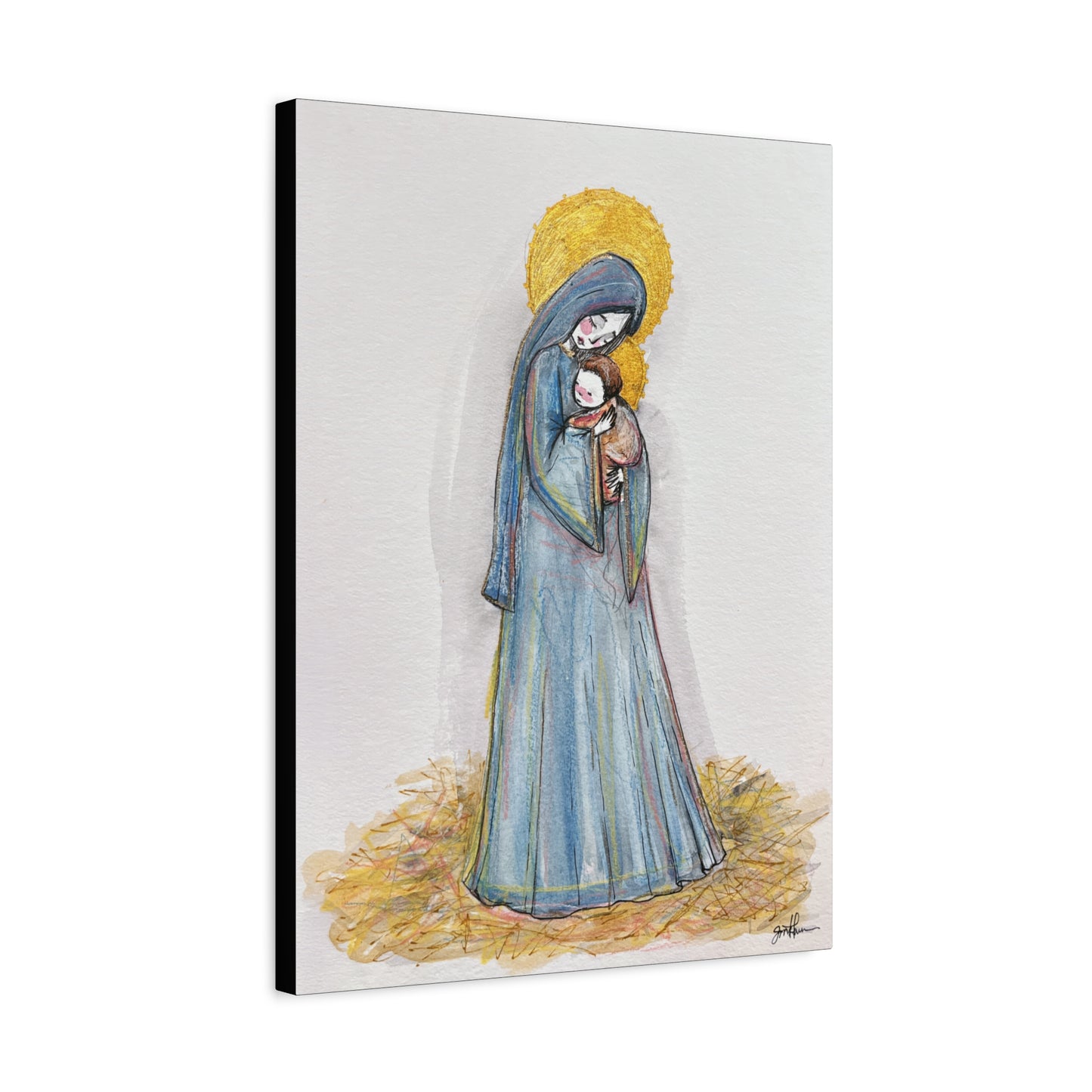 Our Lady of the Manger - Mother Mary Art - Catholic Canvas Print | Virgin Mary Sacred Art | Hand-Drawn Watercolor Christian Wall Art