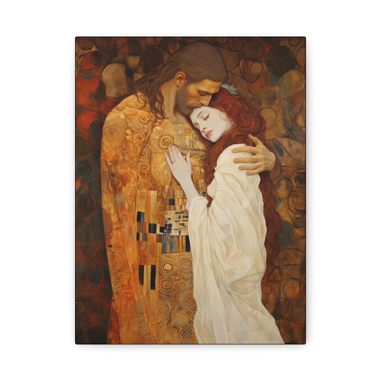 Transcendent Devotion: Christ Embracing Mary Magdalene Museum Wrapped Canvas - Sanctified Souls Print - Based on Klimt's The Kiss