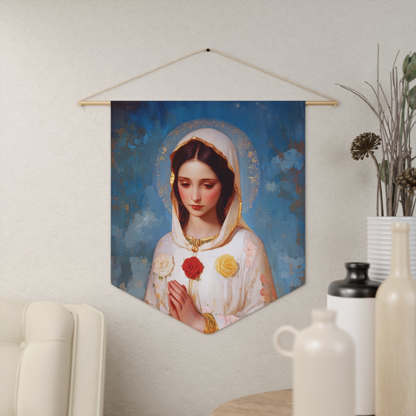 Rosa Mystica - Mystical Rose - Mother Mary - Marian Art - Pennant / Banner / Wall Hanging - Catholic Art - Large - 18" x 21"