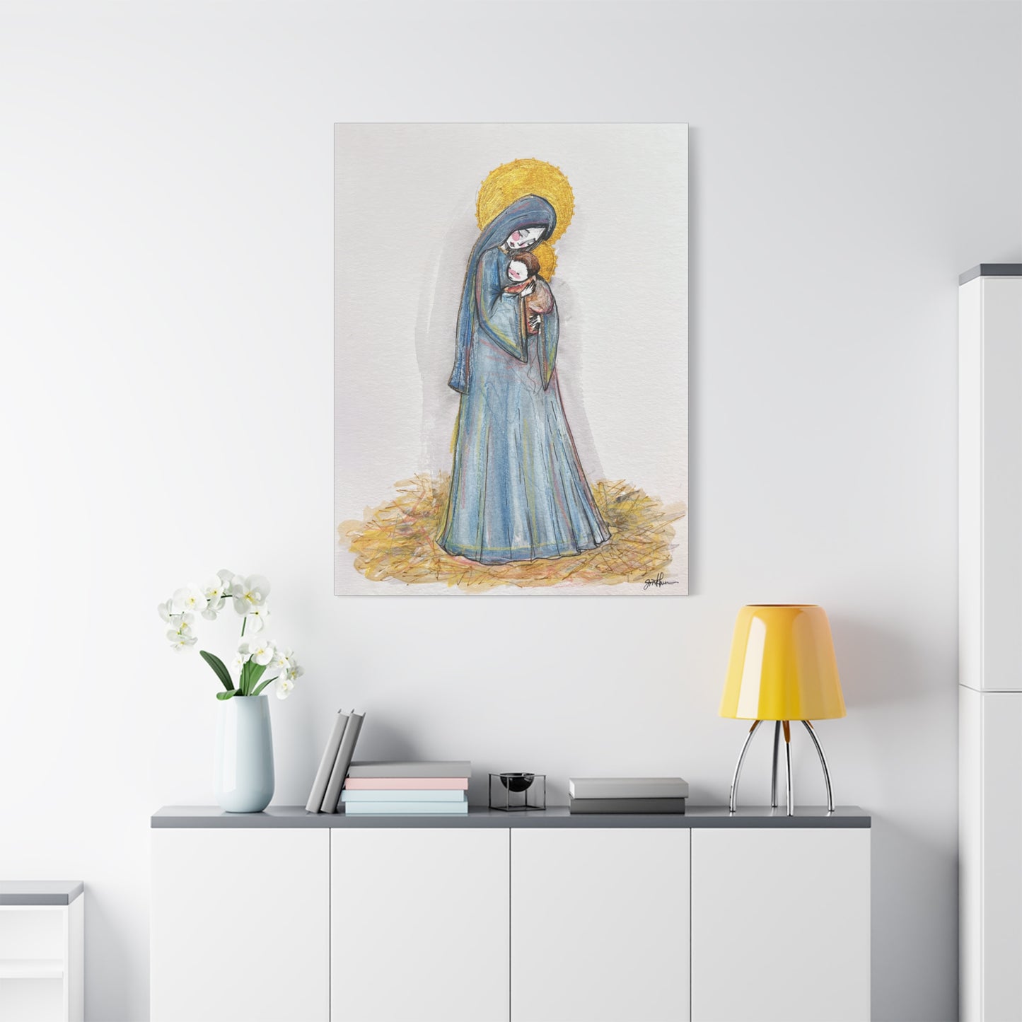 Our Lady of the Manger - Mother Mary Art - Catholic Canvas Print | Virgin Mary Sacred Art | Hand-Drawn Watercolor Christian Wall Art