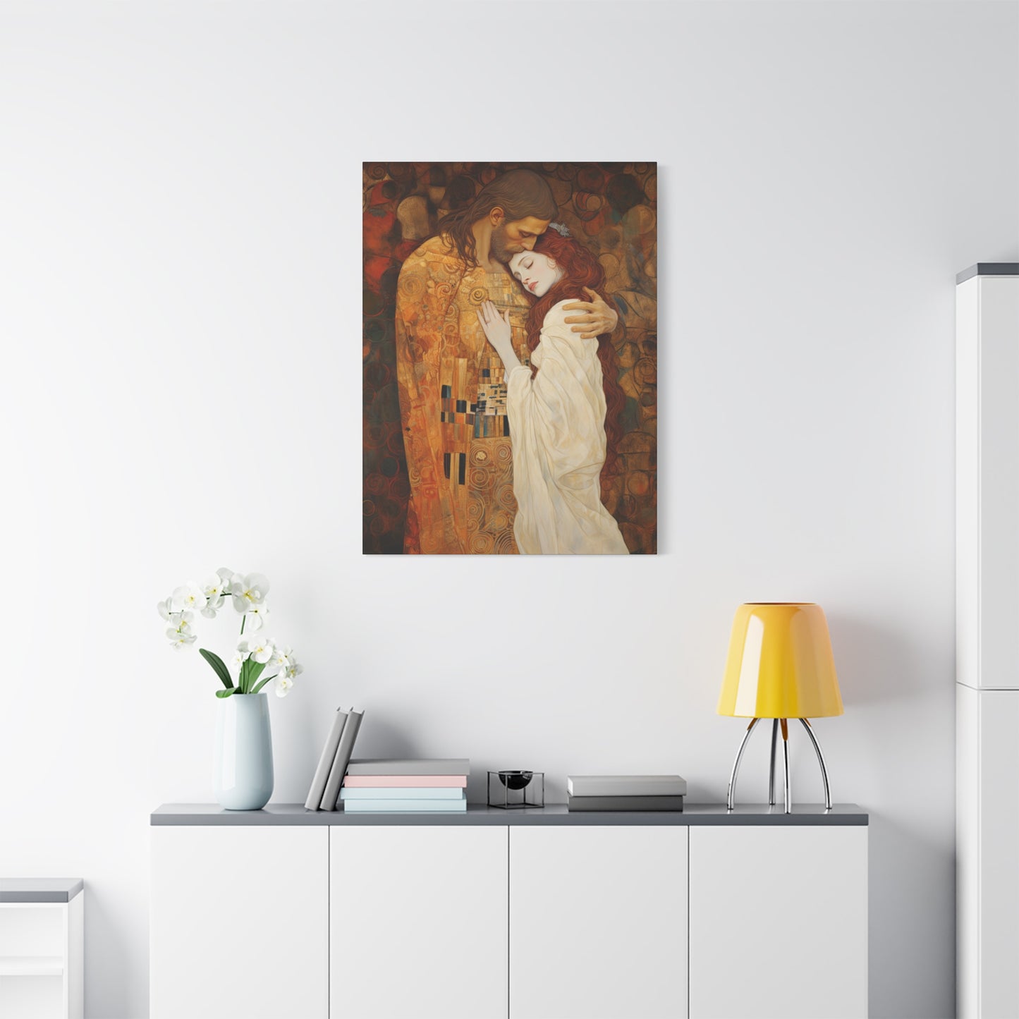 Transcendent Devotion: Christ Embracing Mary Magdalene Museum Wrapped Canvas - Sanctified Souls Print - Based on Klimt's The Kiss