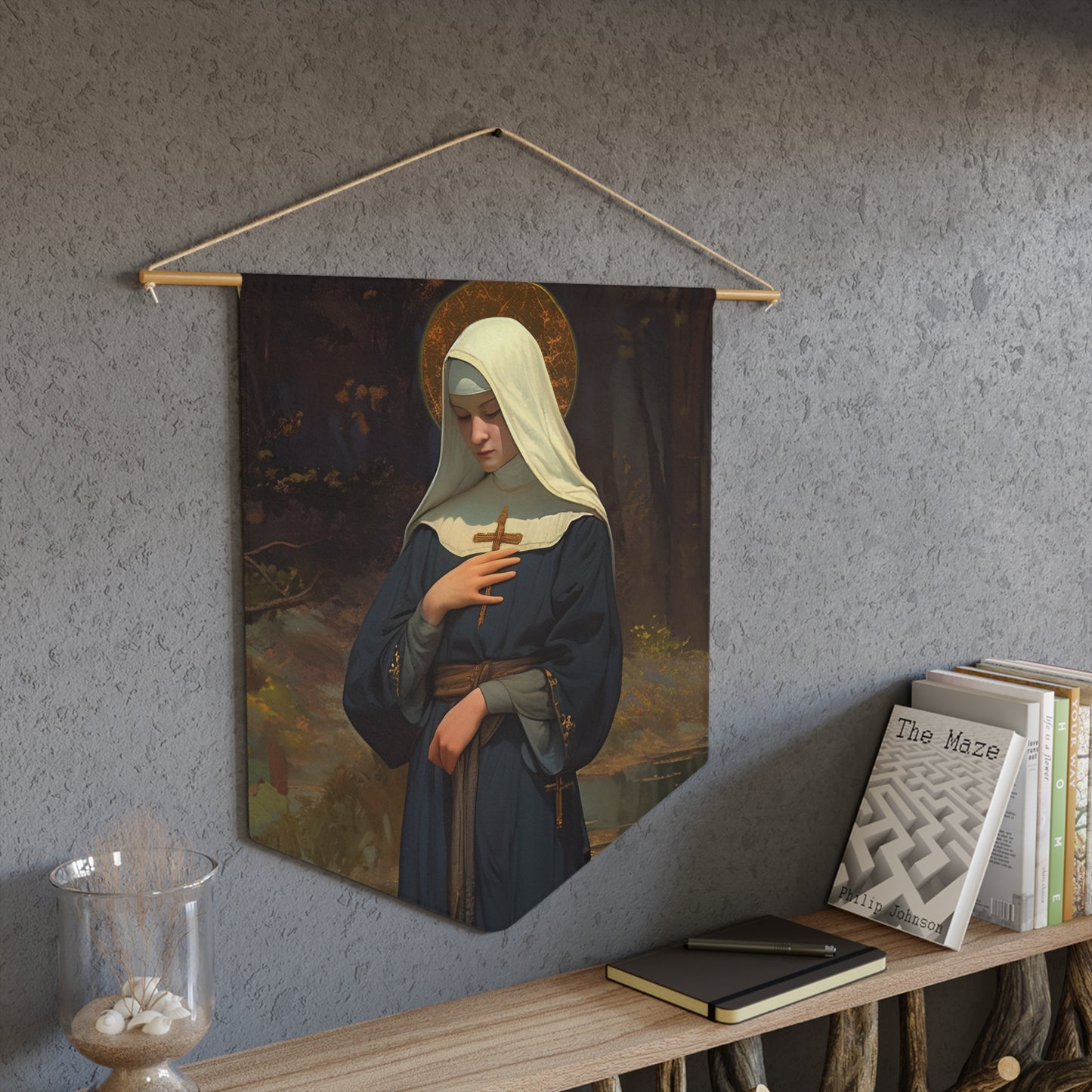Saint Modwenna Pennant / Banner / Wall Hanging - Prayer room art - 18" x 21" - Catholic prayer Religious Gift - Large Hanging Wall Art