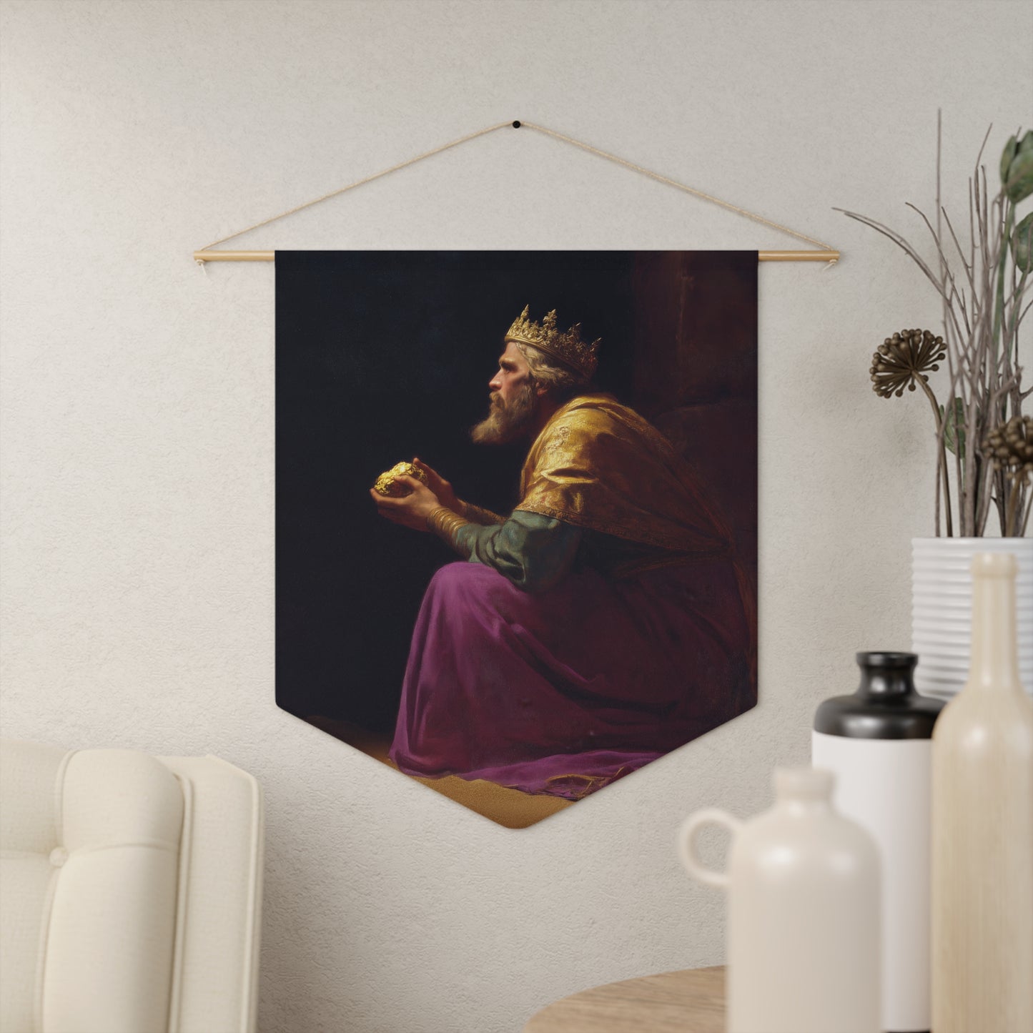 Melchior and the Gift Fit for a King - 3 Wise Men - Pennant / Banner / Wall Hanging - Prayer room - Catholic Art - Large - 18" x 21"