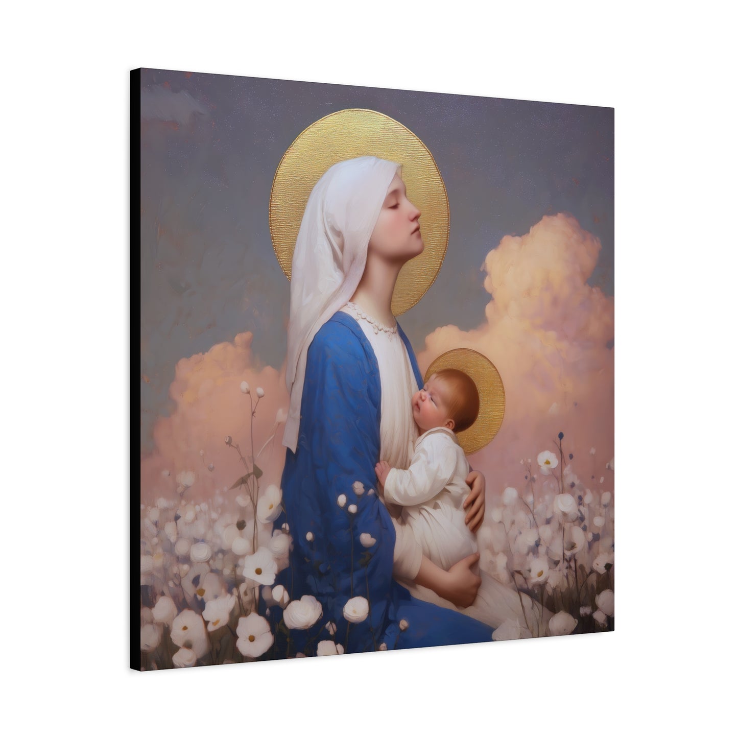 Mother Mary - Our Lady Among the Flowers -  Museum Wrapped Canvas - Sanctified Souls Print - Religious Art for your Home - Catholic Mother Mary Art