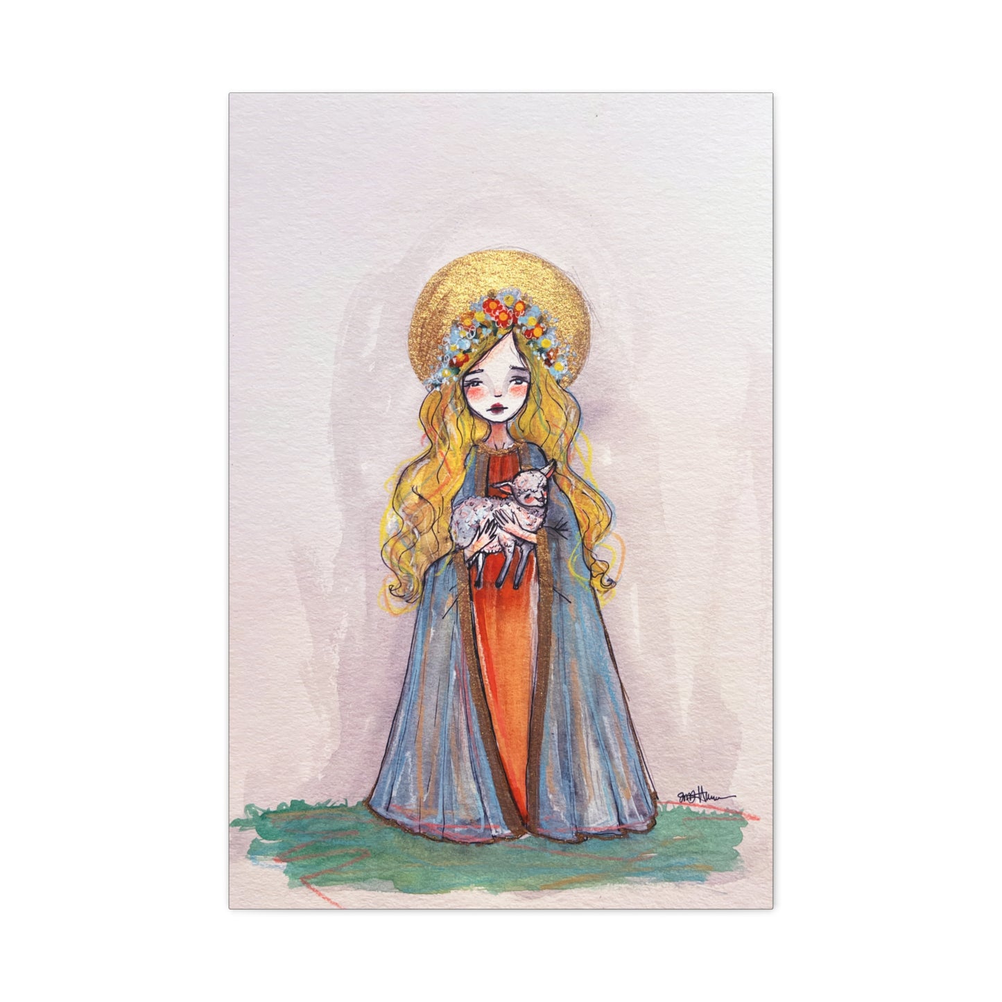 Saint Agnes of Rome Catholic Canvas Print | Christian Sacred Art | Hand-Drawn Watercolor Devotional Wall Art Religious Artwork