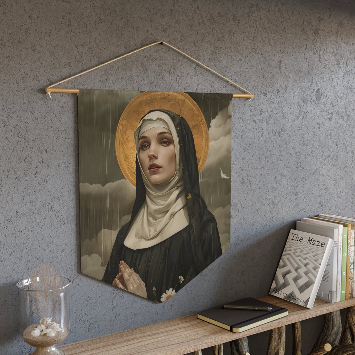 Saint Scholastica Pennant / Banner / Wall Hanging - Prayer room art - Catholic Home Art - Large Saint Art for your home - 18" x 21"