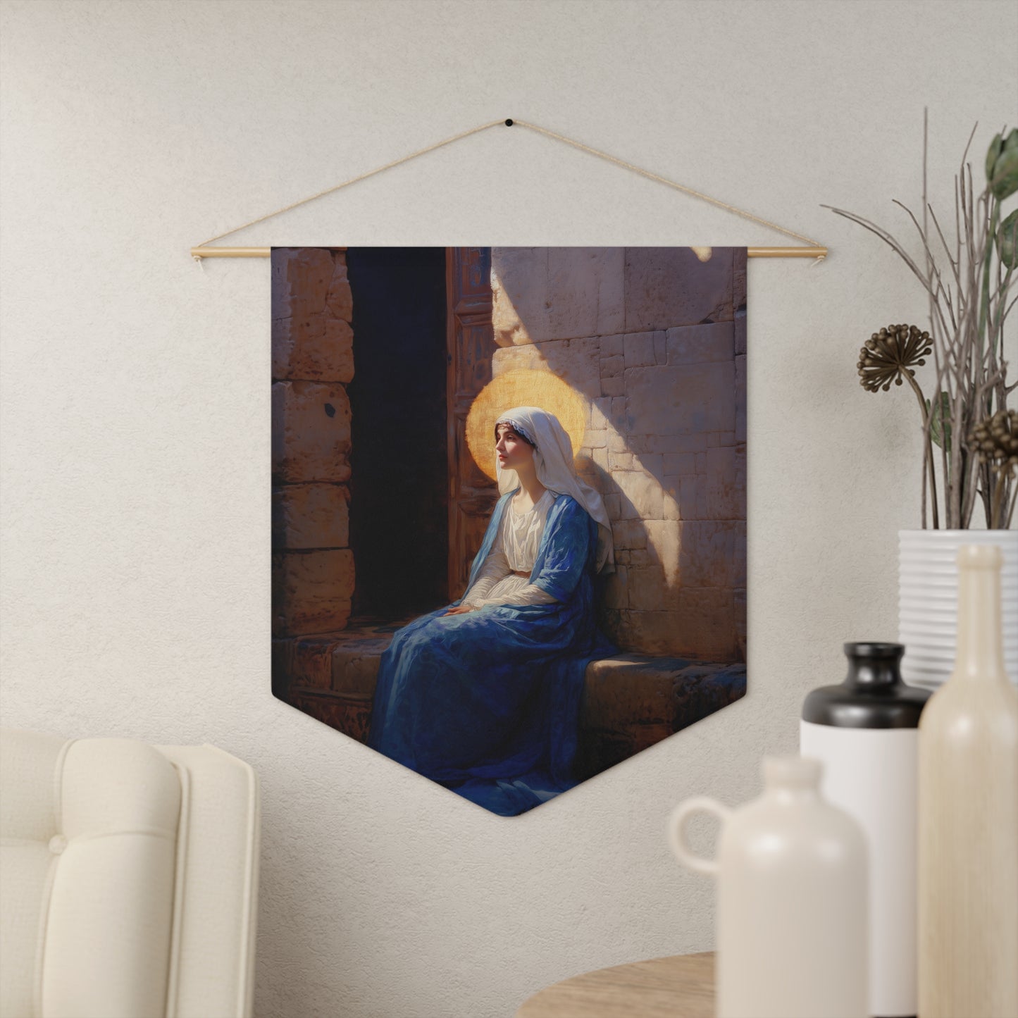 The Quiet Fiat That Split the Darkness, Mary's Yes Wall Banner / Wall Hanging - Christian Art - Prayer room - 18" x 21"