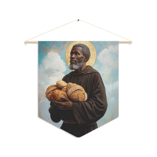 Saint Benedict the Moor Pennant / Banner / Wall Hanging - Prayer room art - Catholic Home - Saint Art for your home - 18" x 21"