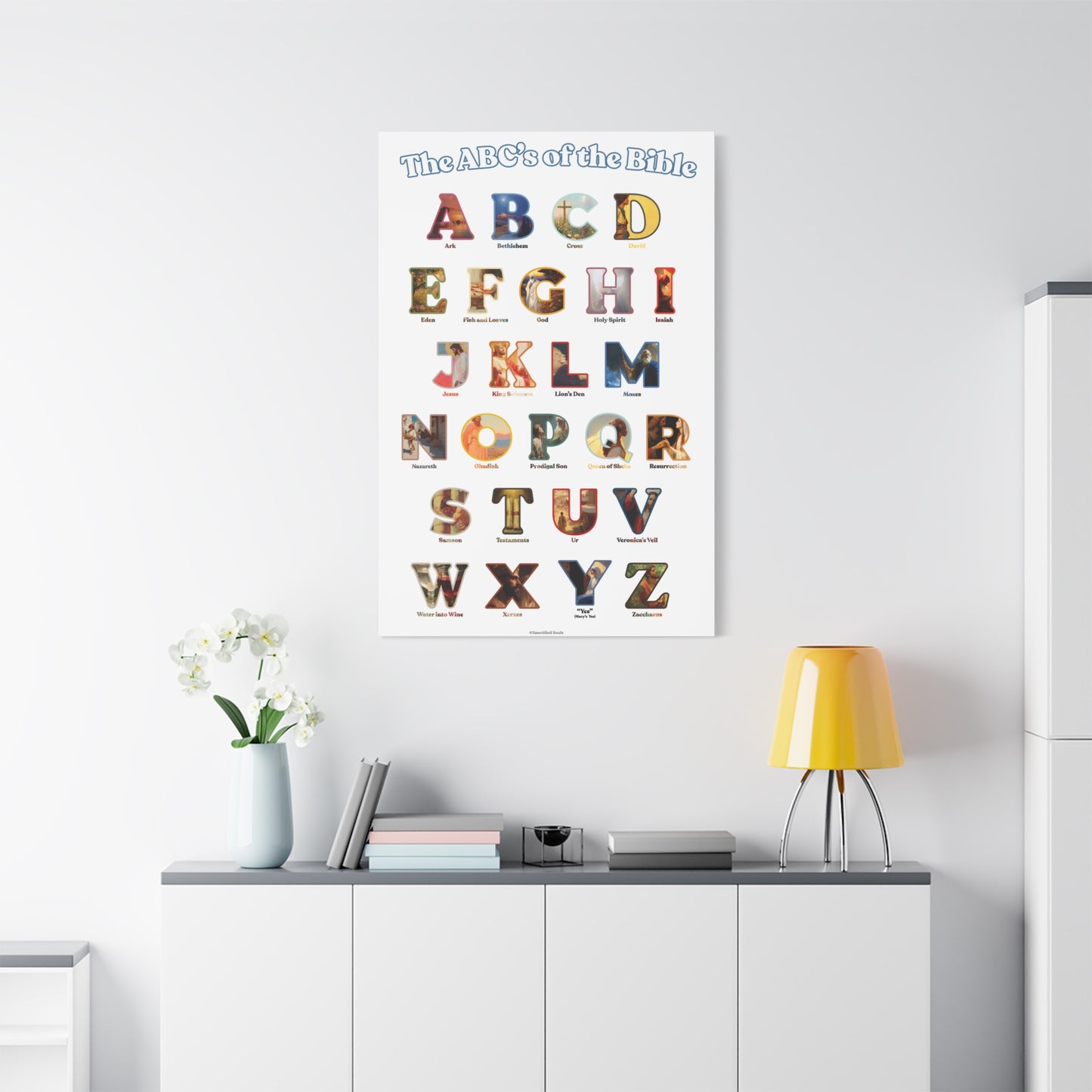 Catholic Bible ABC Prints - Alphabet Canvas - ABCs of the Bible Wall Art - Biblical People Places and Stories -  Homeschool / Sunday School
