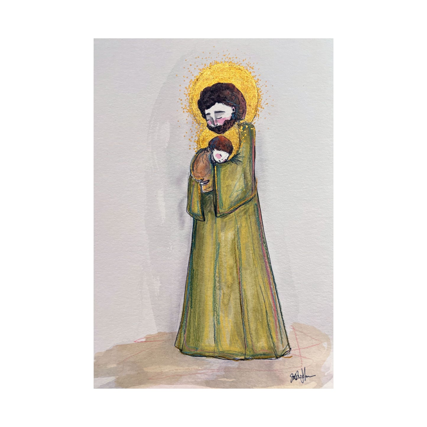 Saint Joseph and Child Jesus Catholic Art Print | Hand-Drawn Watercolor Sacred Artwork | Christian Devotional Wall Art