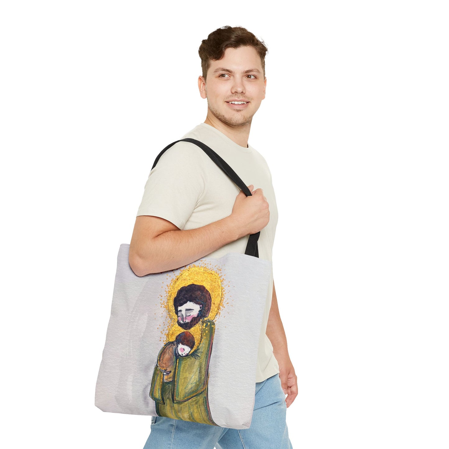 Saint Joseph Catholic Tote Bag | St Joseph and Child Christian Tote | Hand-Drawn Sacred Art Tote | Sanctified Solocosmo Religious Tote