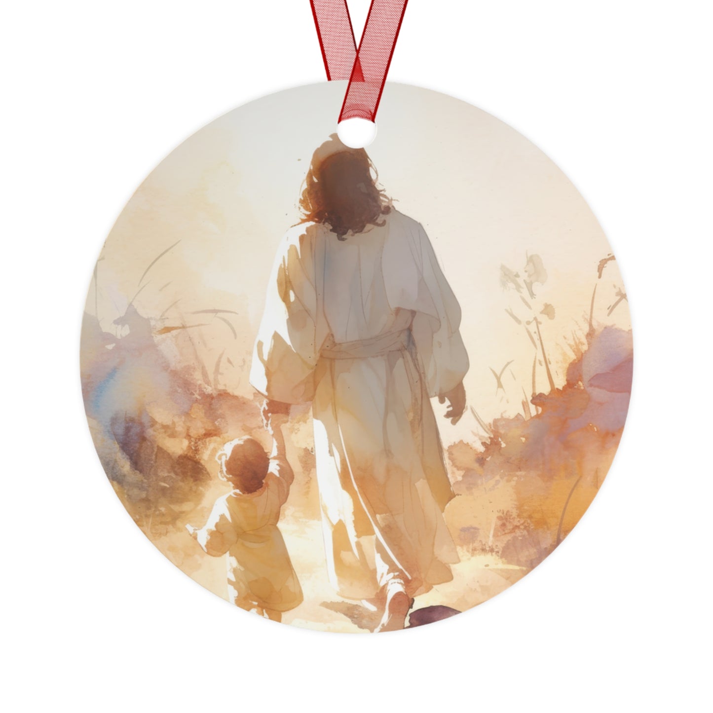 Jesus Guiding a Child in Faith Metal Ornament - Religious Holiday Christmas Ornament and Keepsake - Catholic Keepsake