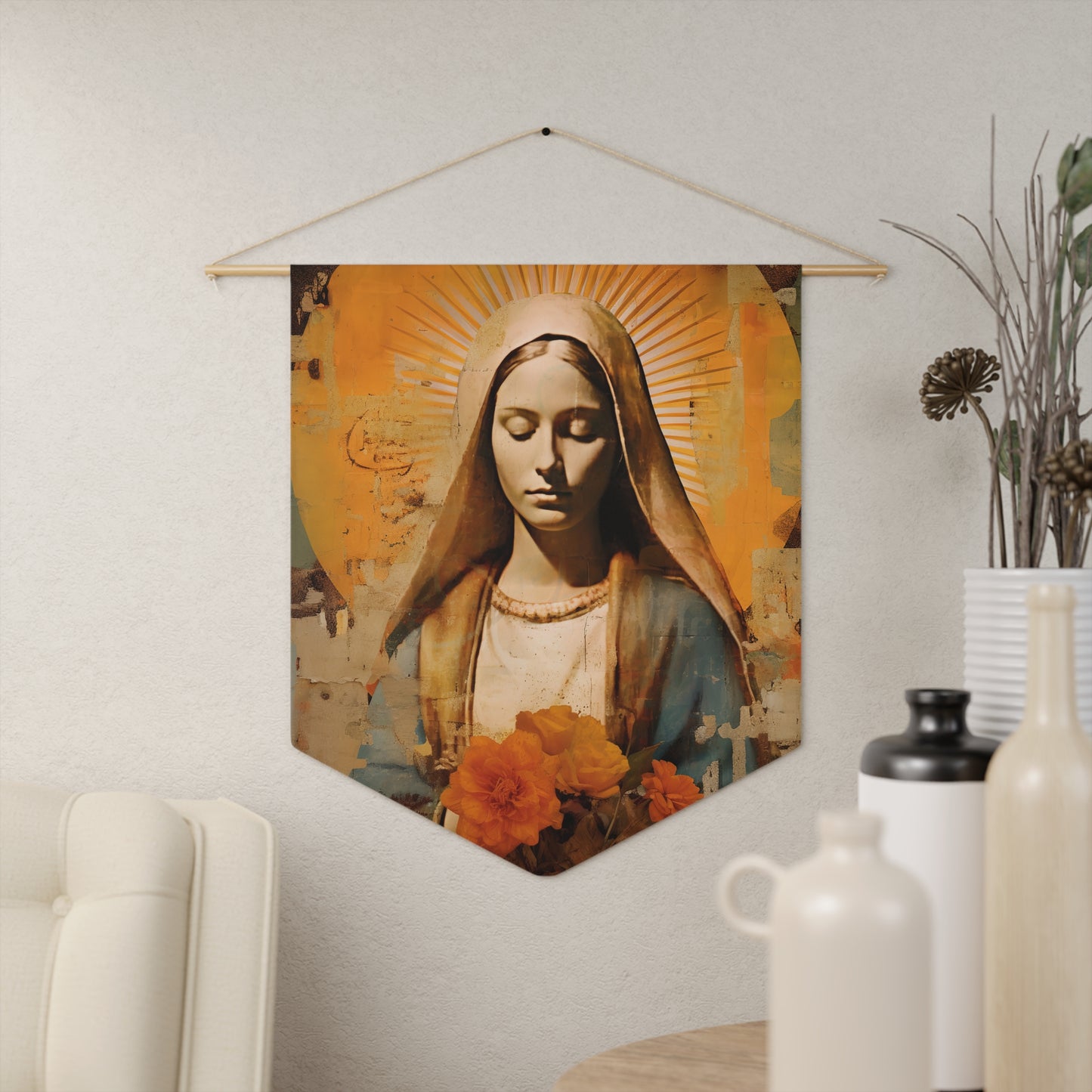 Blessed and Beloved Virgin Mary Wall Banner / Wall Hanging - Prayer room art - Catholic Home -  18" x 21"