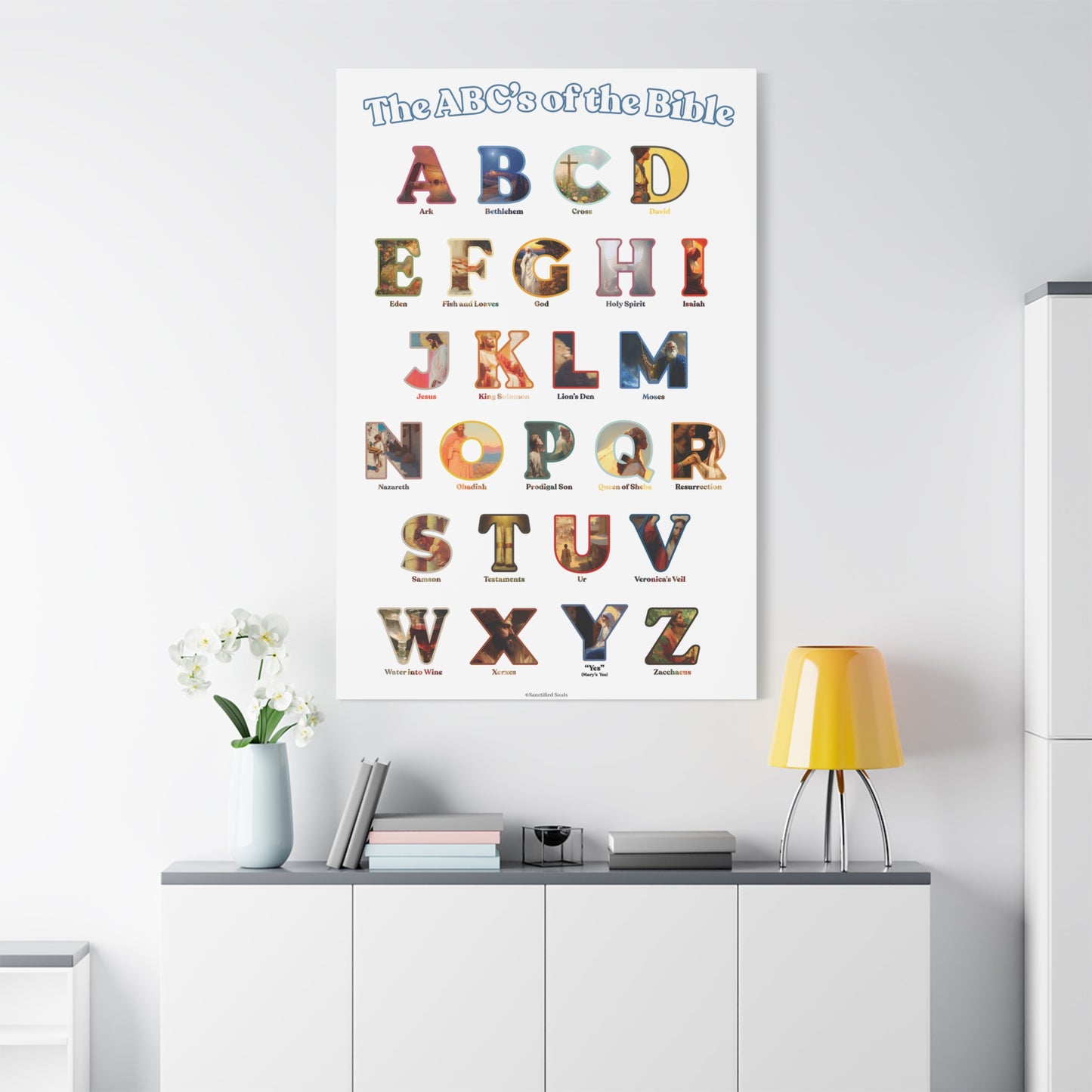 Catholic Bible ABC Prints - Alphabet Canvas - ABCs of the Bible Wall Art - Biblical People Places and Stories -  Homeschool / Sunday School
