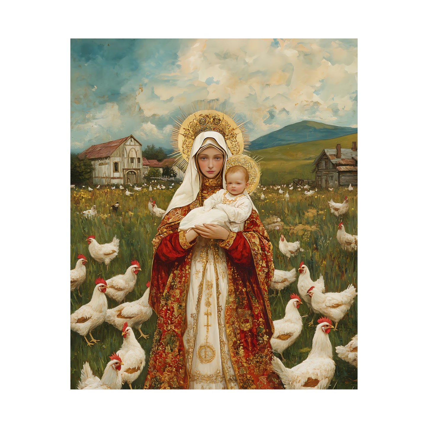 Our Lady of the Hens: Protector of the Humble Flock - Sanctified Souls Print - Multiple Sizes - Premium Posters - Catholic Art - Christian