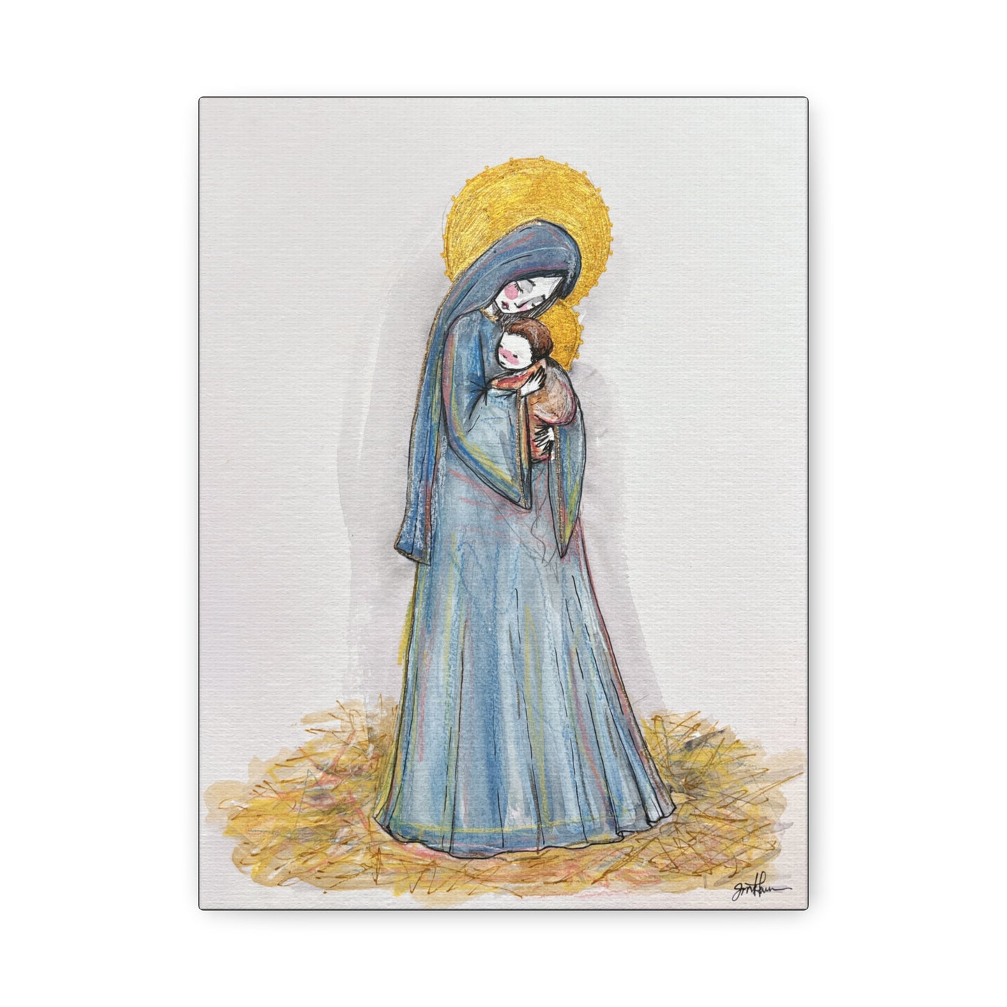 Our Lady of the Manger - Mother Mary Art - Catholic Canvas Print | Virgin Mary Sacred Art | Hand-Drawn Watercolor Christian Wall Art