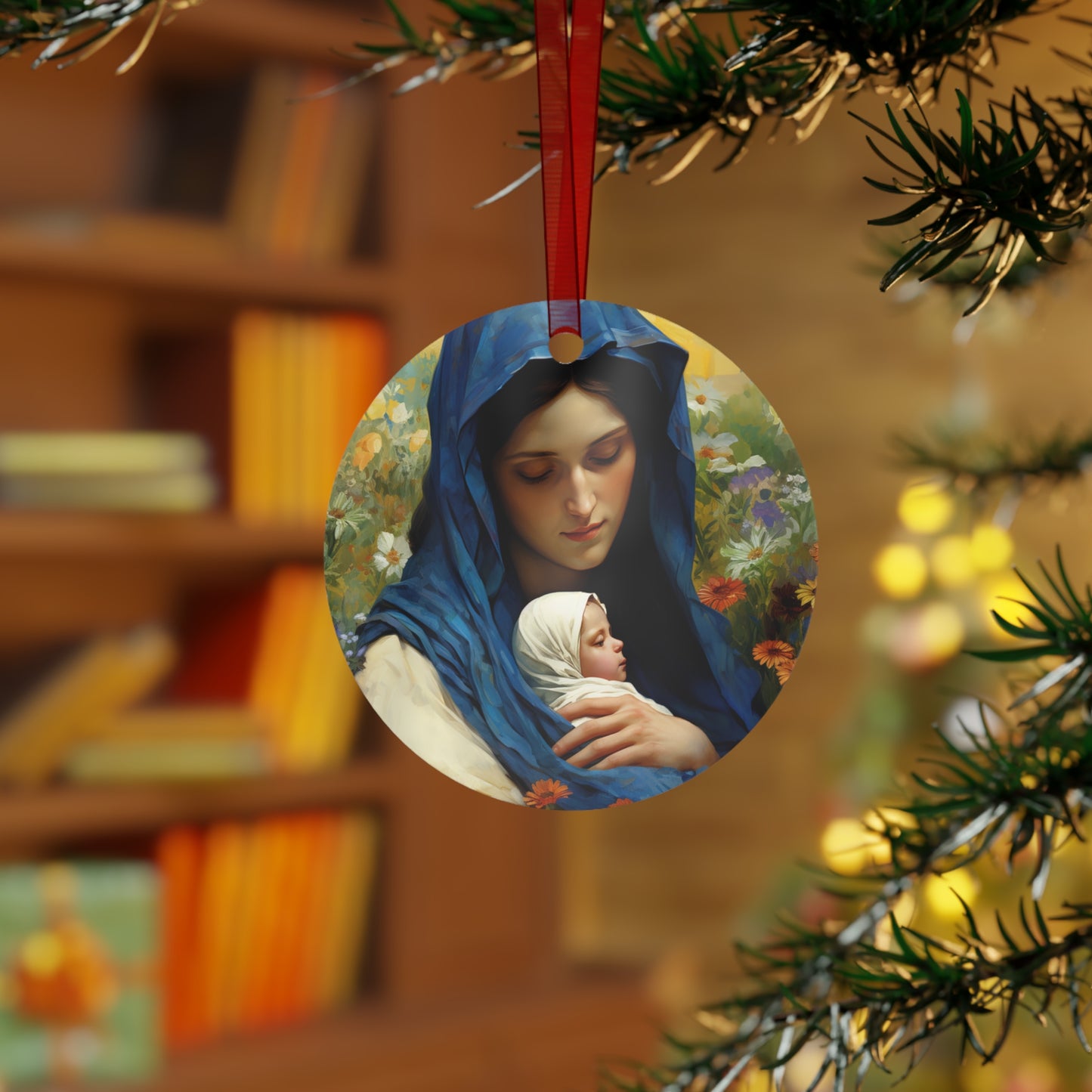 Graceful Maternity : The Virgin Mary and the Infant Savior Metal Ornament - Religious Holiday Christmas Ornament and Keepsake