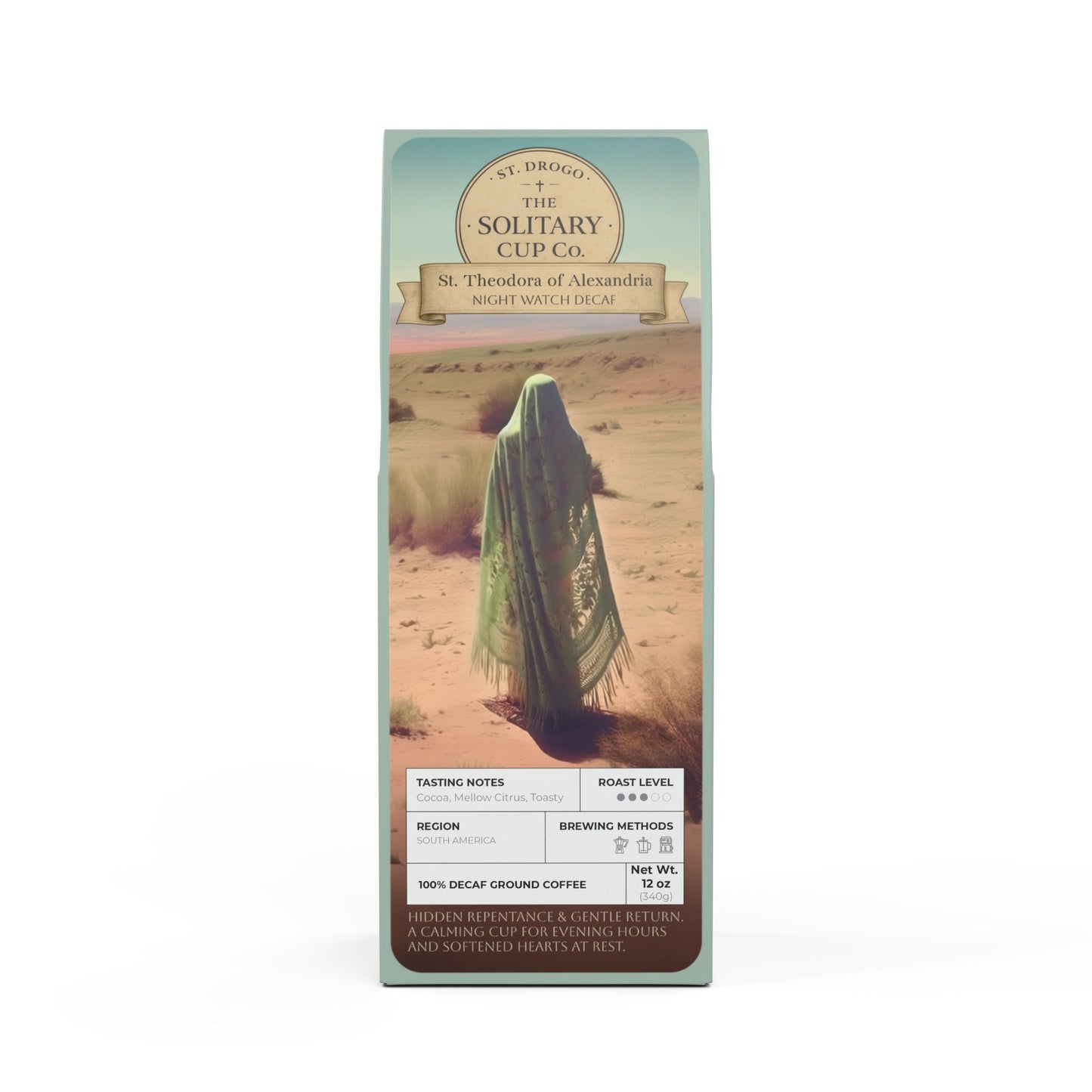 St. Theodora of Alexandria - Night Watch Decaf (Decaffeinated Medium Roast) - St. Drogo - The Solitary Cup Co. - Artisan Catholic Saint Inspired Coffee - 12 oz.