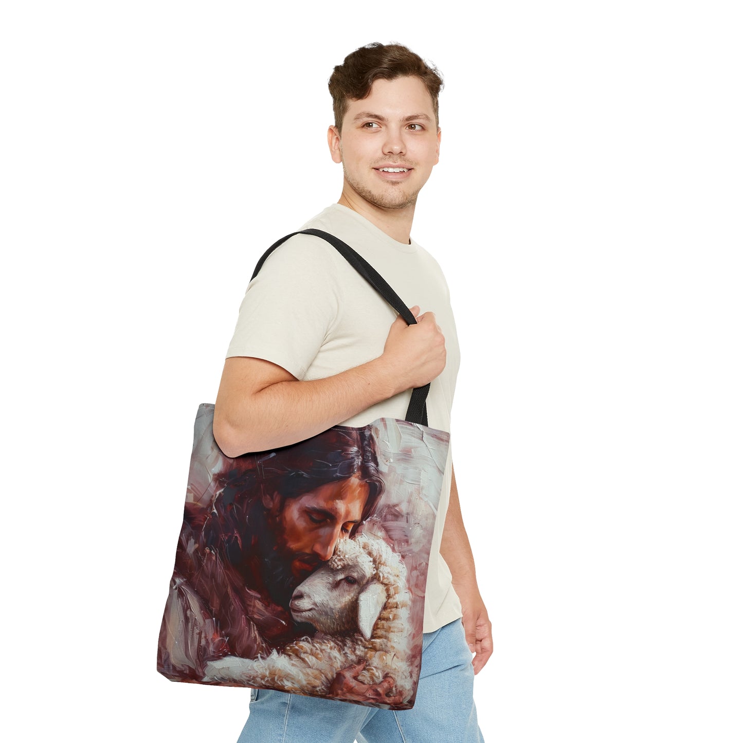 Jesus and the Little Lamb Tote Bag - Large Medium Small Faith Art Bag - Catholic Faith Purse - Religious Carry All
