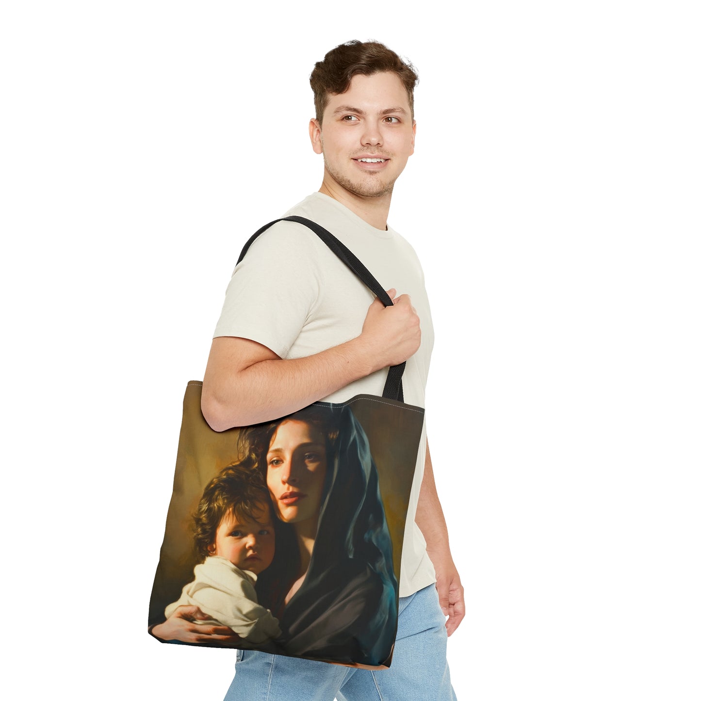 A mother's Gentle Embrace - Mary and The Christ Child Tote Bag - Large Medium Small Faith Art Bag - Catholic Faith Purse