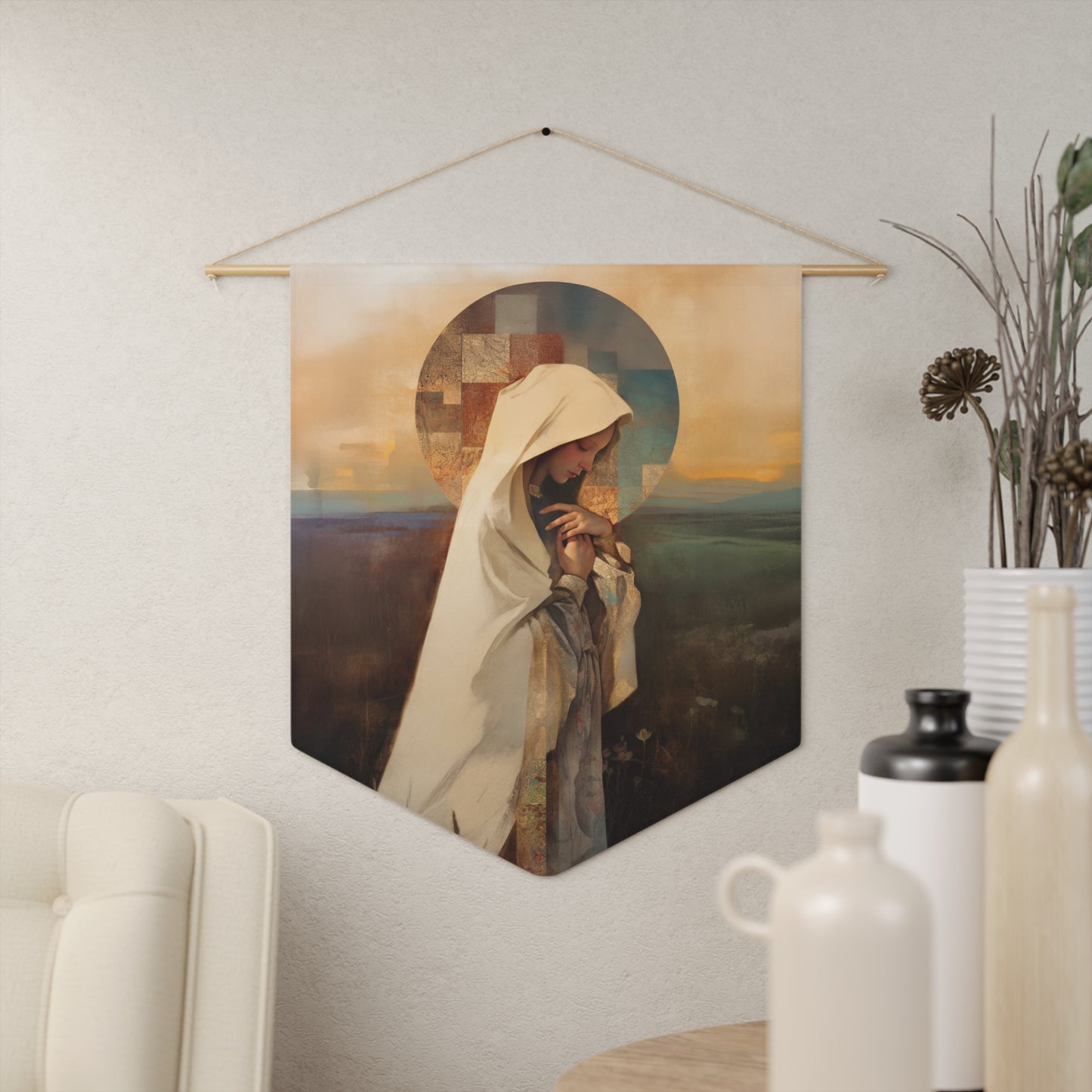 Our Lady of the Prairie Pennant / Banner / Wall Hanging - Prayer room art - 18" x 21" - Catholic - Large Banner