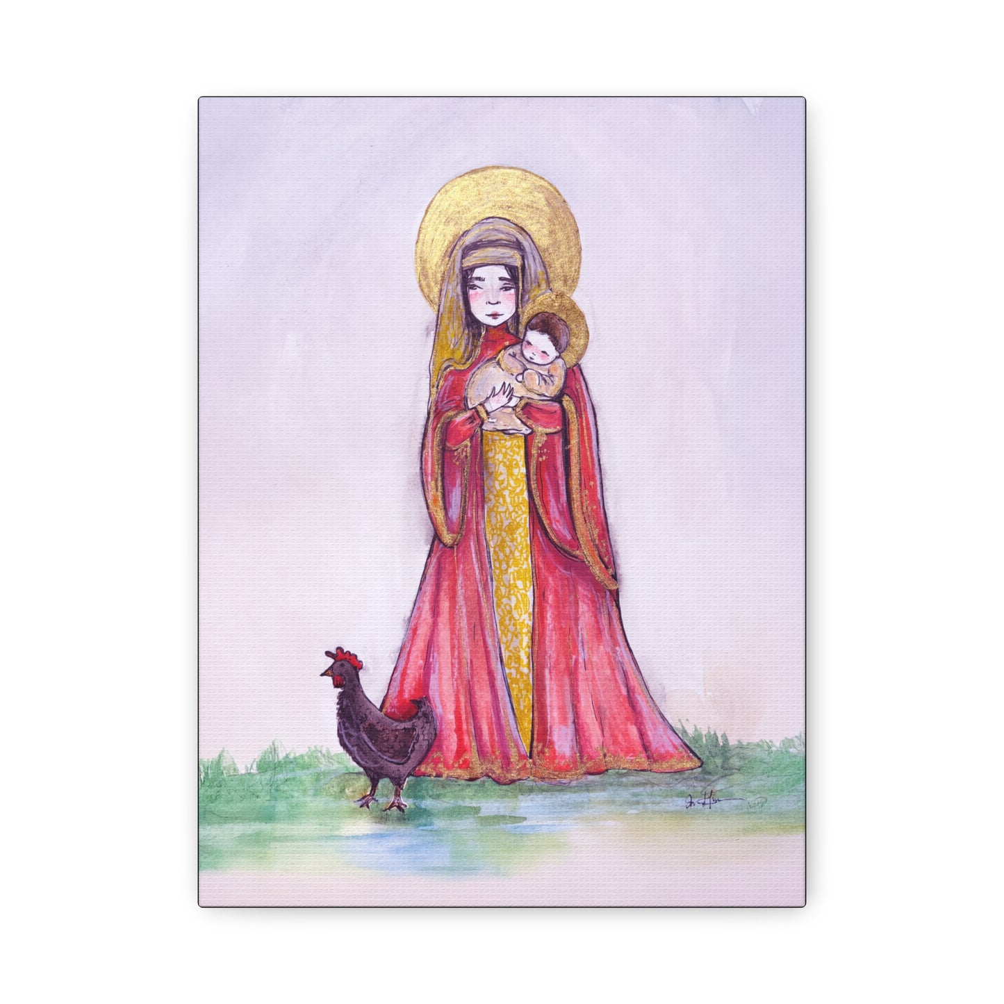 Our Lady of the Hens Catholic Canvas Print | Virgin Mary and Child Sacred Art | Hand-Drawn Watercolor Marian Wall Art