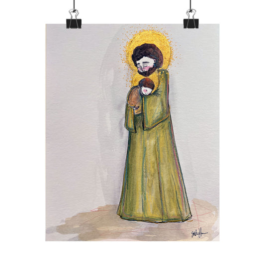 Saint Joseph and Child Jesus Catholic Art Print | Hand-Drawn Watercolor Sacred Artwork | Christian Devotional Wall Art