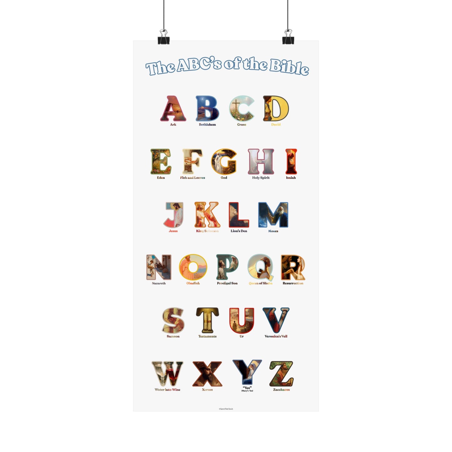 Bible ABC Poster - ABCs of the Bible Wall Art - Biblical People Places and Stories Chart - Christian Homeschool or Sunday School Decor