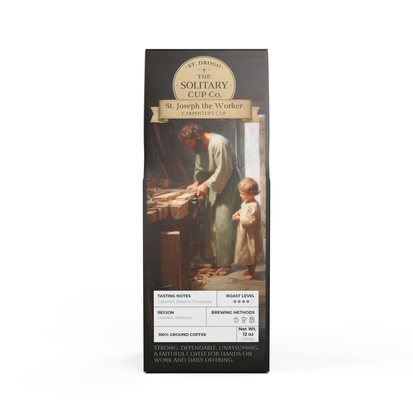 St. Joseph the Worker - Carpenter's Cup (Medium-Dark Roast) - St. Drogo - The Solitary Cup Co. - Artisan Catholic Saint Inspired Coffee - 12 oz.