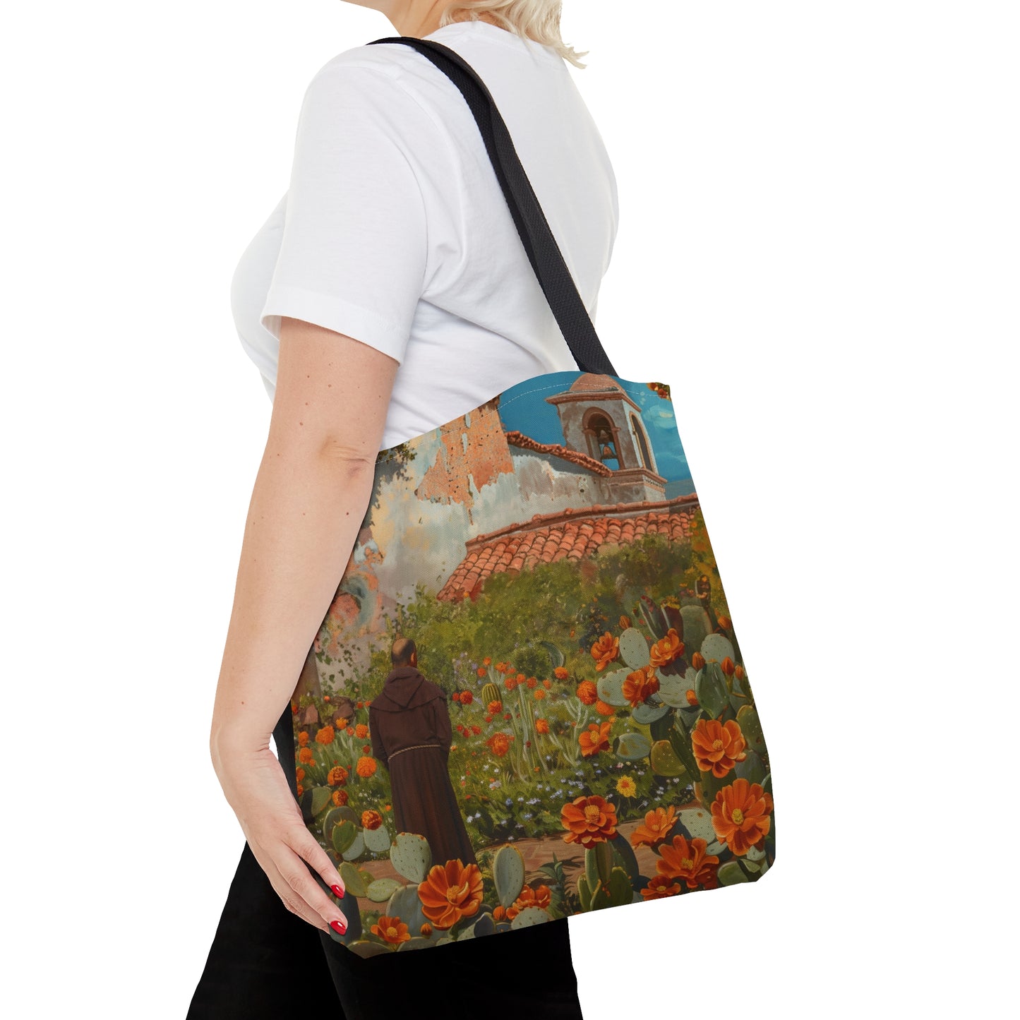 Saint Junípero Serra Tote Bag - Large Medium Small Faith Art Bag - Catholic Faith Purse - Double Sided - Religious - Santa Barbara Mission