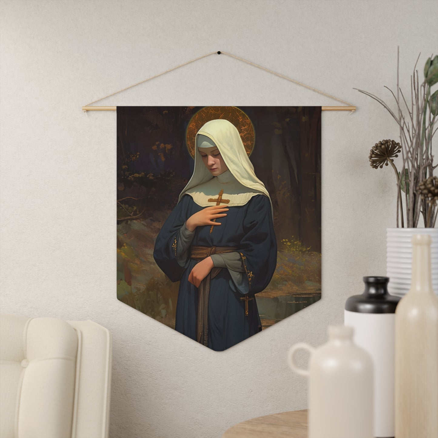 Saint Modwenna Pennant / Banner / Wall Hanging - Prayer room art - 18" x 21" - Catholic prayer Religious Gift - Large Hanging Wall Art