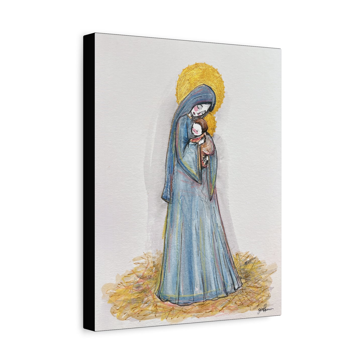 Our Lady of the Manger - Mother Mary Art - Catholic Canvas Print | Virgin Mary Sacred Art | Hand-Drawn Watercolor Christian Wall Art