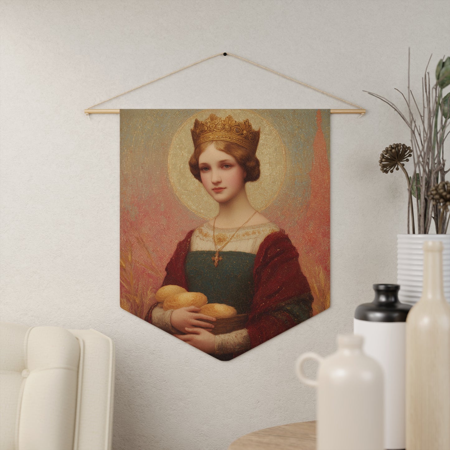 Saint Elizabeth of Hungary - Pennant / Banner / Wall Hanging - Prayer room art - Catholic Home - 18" x 21" - Patron Saint Art