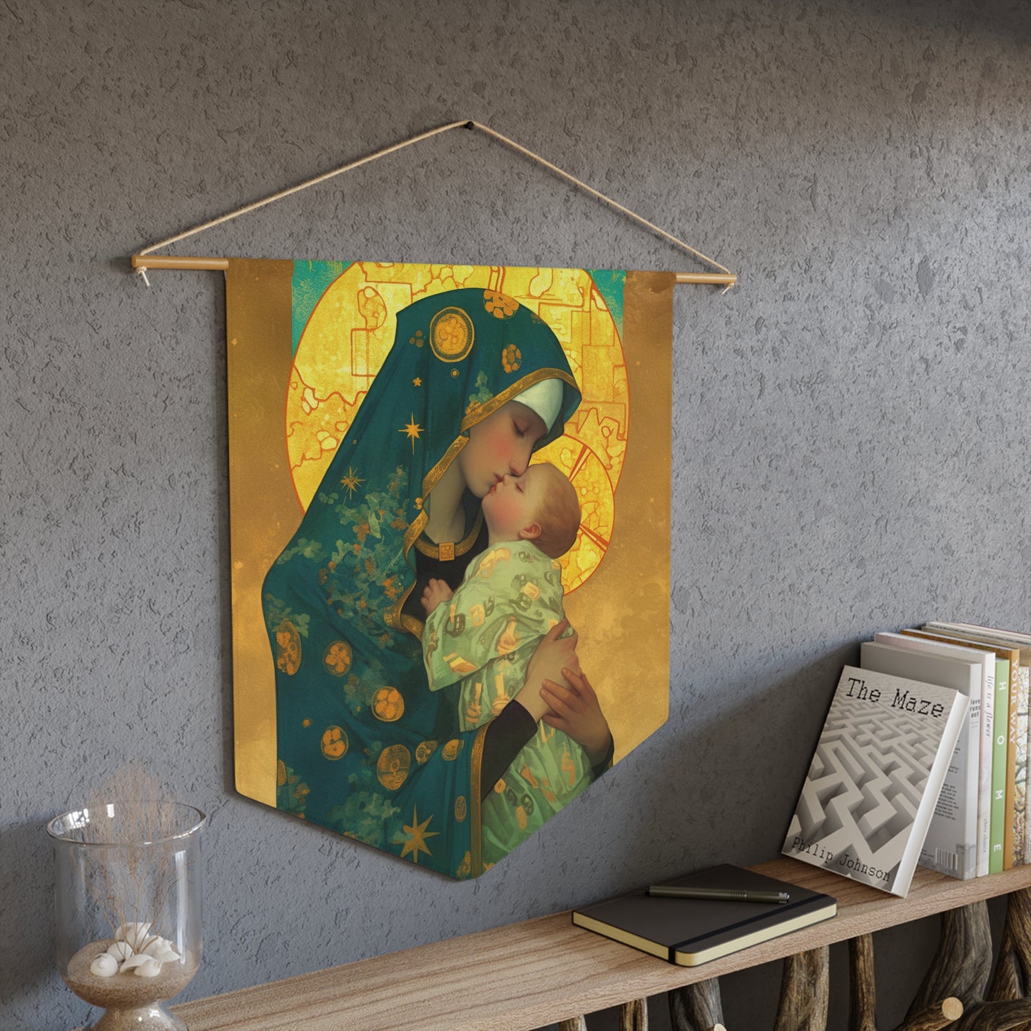 Peaceful Refuge - Mary and the Christ Child Pennant / Banner / Wall Hanging - Prayer room art - 18" x 21" - Catholic prayer Religious