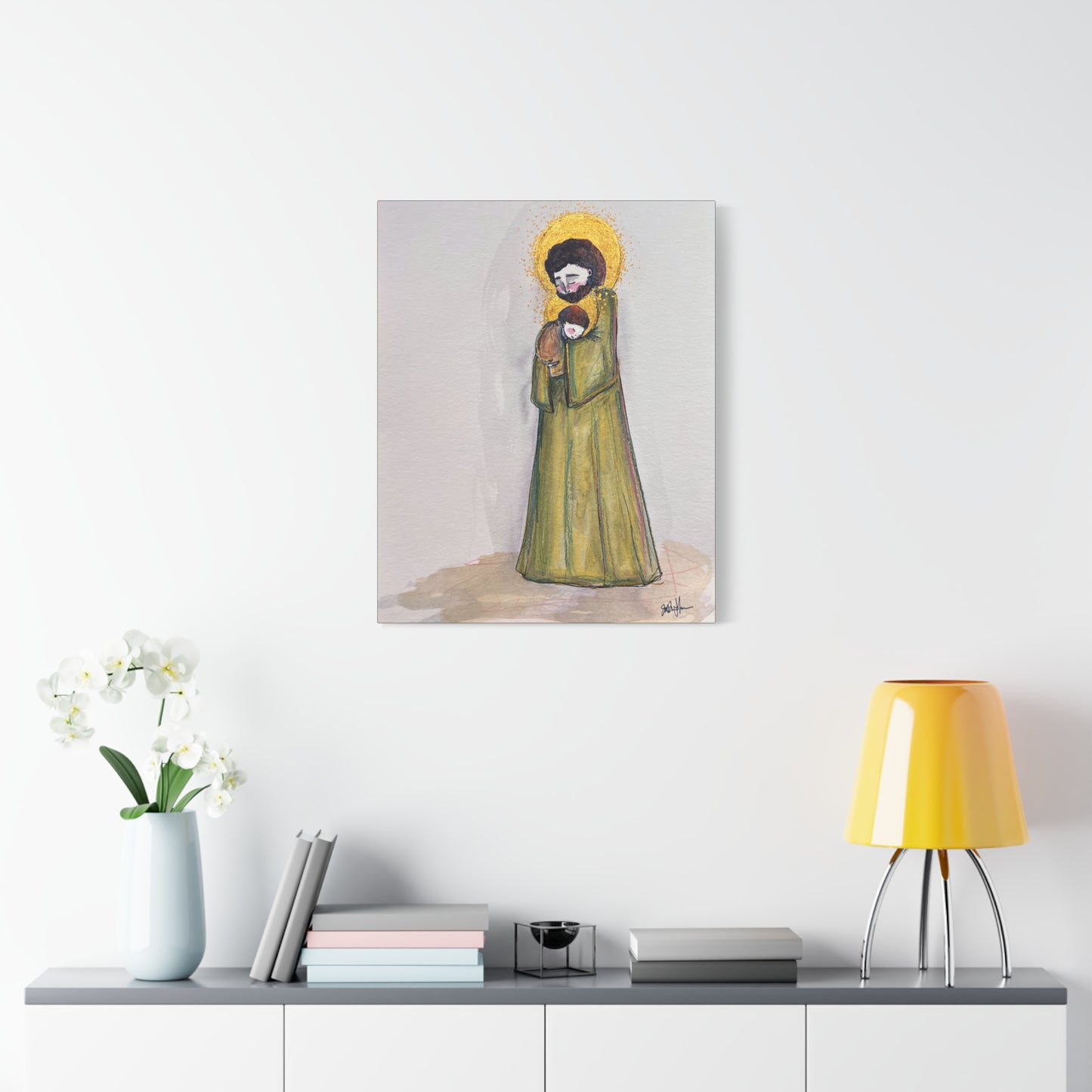 Saint Joseph and Child Jesus Catholic Canvas Print | Hand-Drawn Watercolor Sacred Art | Christian Devotional Wall Art