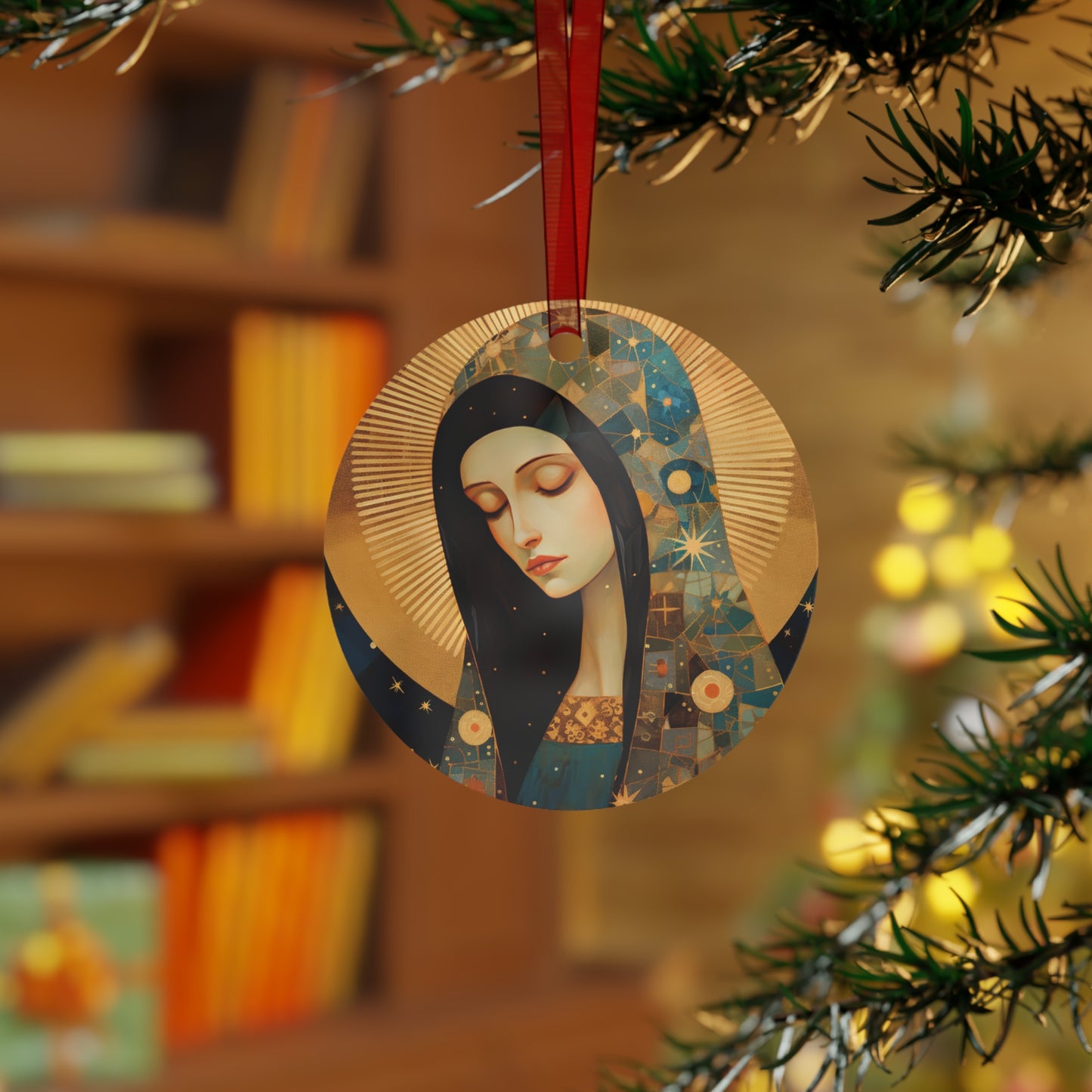 The Beloved Mother: Mary in Portrait Metal Ornament - Religious Holiday Christmas Ornament and Keepsake - Double sided