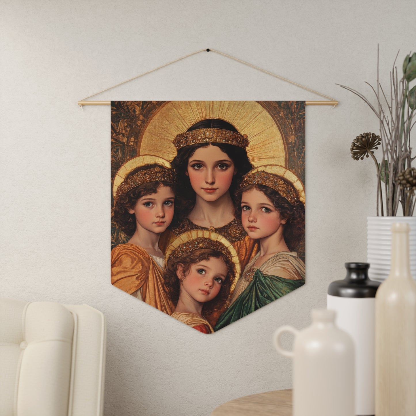 Saints Sophia, Faith, Hope and Charity Pennant / Banner / Wall Hanging - Prayer room art - 18" x 21" - Catholic prayer Religious - Large