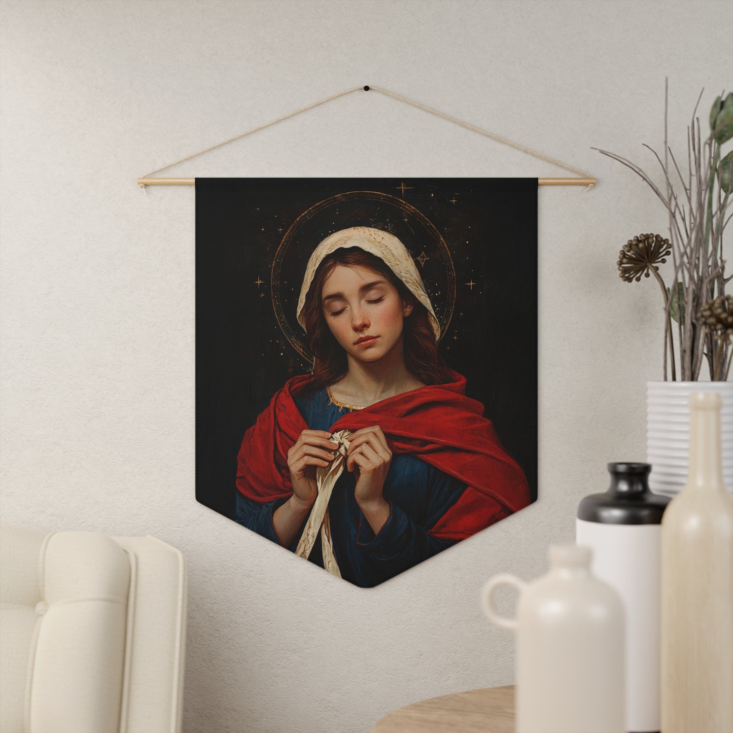 Mary Undoer of Knots - Mother Mary  - Untier of Knots - Marian Art - Pennant / Banner / Wall Hanging - Catholic Art - Large - 18" x 21"