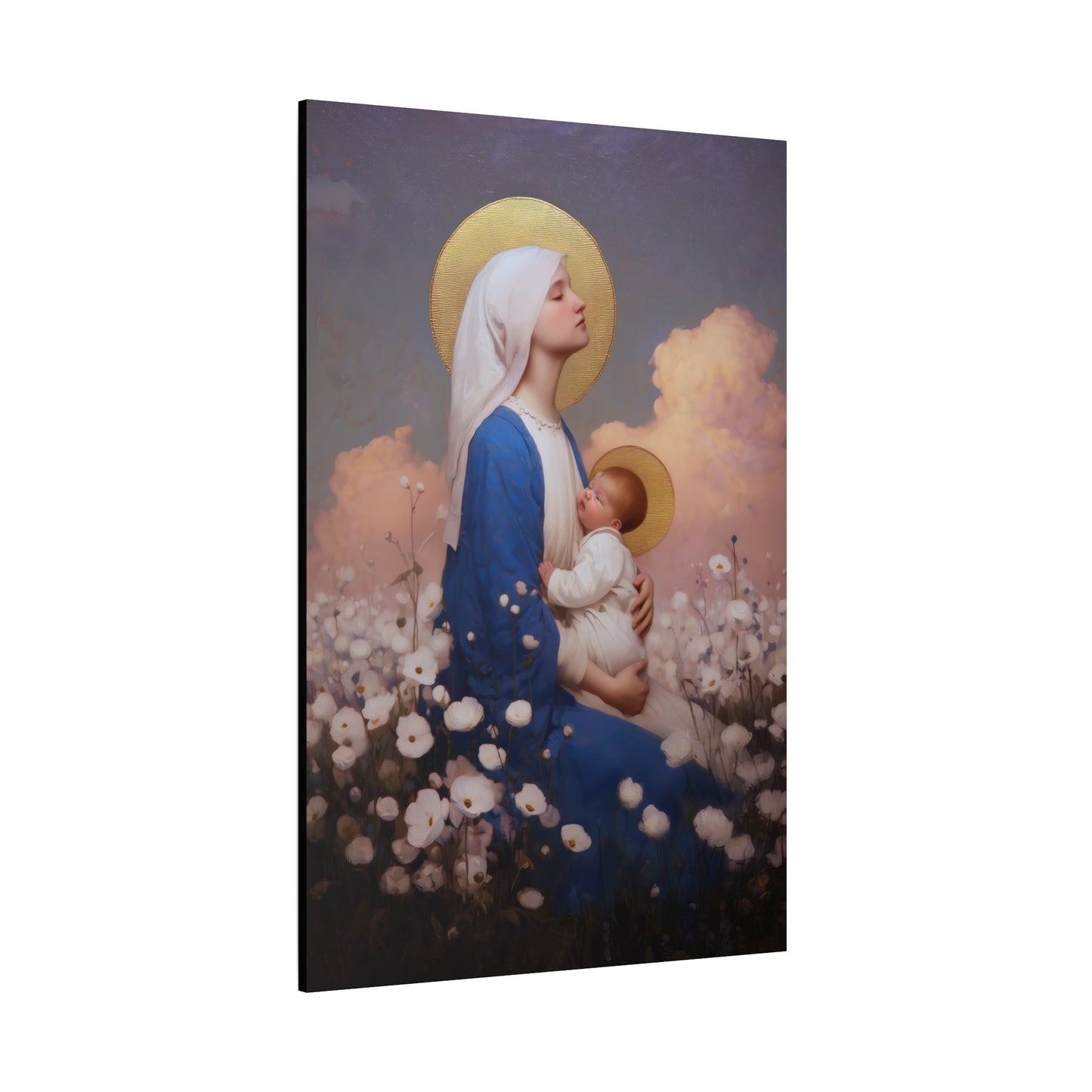 Mother Mary - Our Lady Among the Flowers -  Museum Wrapped Canvas - Sanctified Souls Print - Religious Art for your Home - Catholic Mother Mary Art