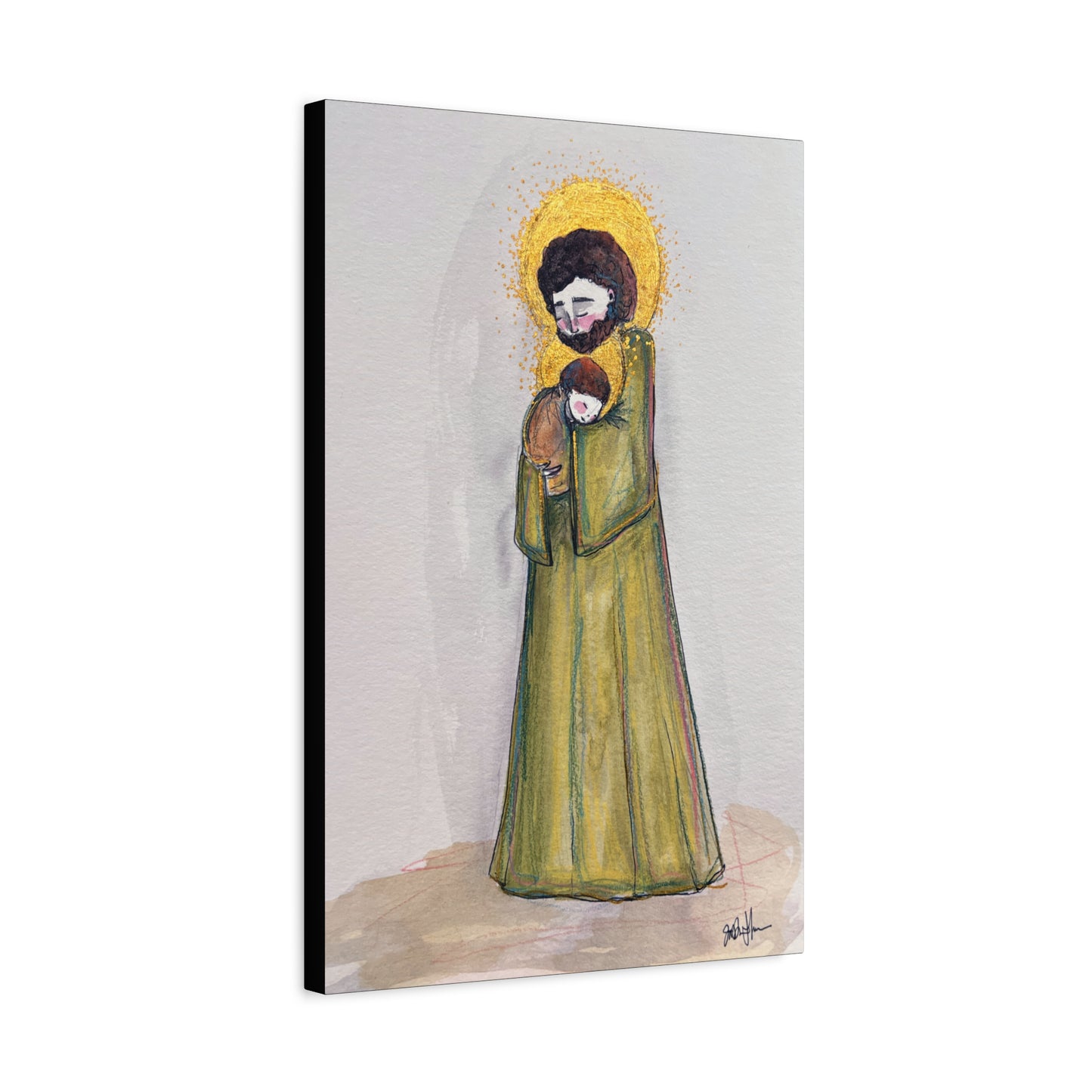 Saint Joseph and Child Jesus Catholic Canvas Print | Hand-Drawn Watercolor Sacred Art | Christian Devotional Wall Art