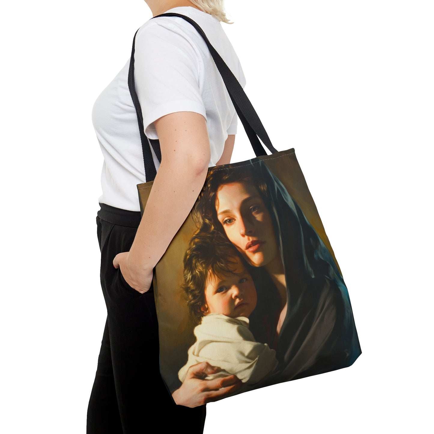 A mother's Gentle Embrace - Mary and The Christ Child Tote Bag - Large Medium Small Faith Art Bag - Catholic Faith Purse