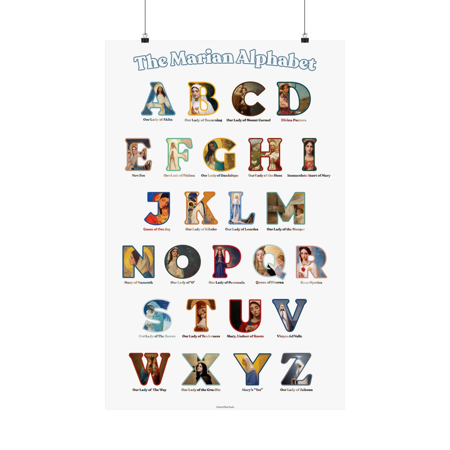 Catholic Marian Alphabet Poster - ABC Wall Art - Marian Titles Catholic Print - Catholic Nursery or Homeschool Faith Decor - Mother Mary Art