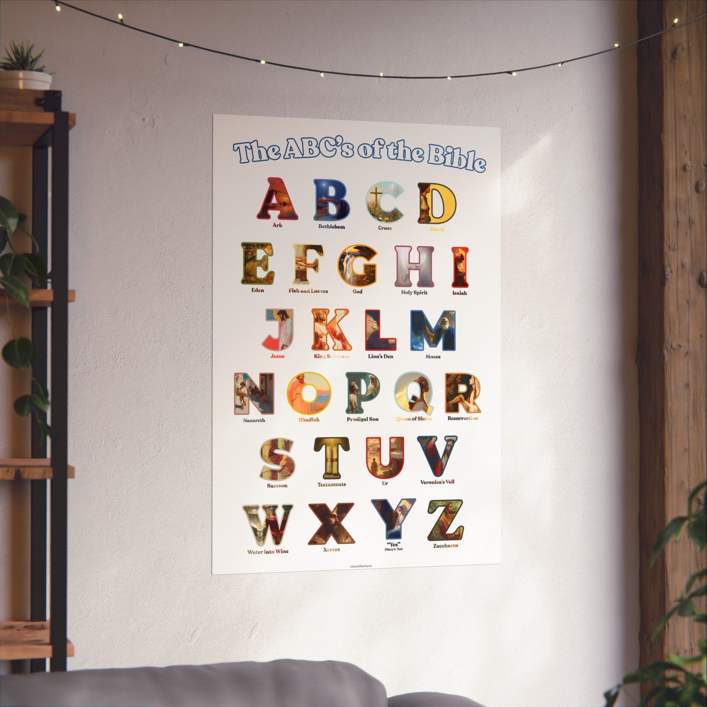 Bible ABC Poster - ABCs of the Bible Wall Art - Biblical People Places and Stories Chart - Christian Homeschool or Sunday School Decor